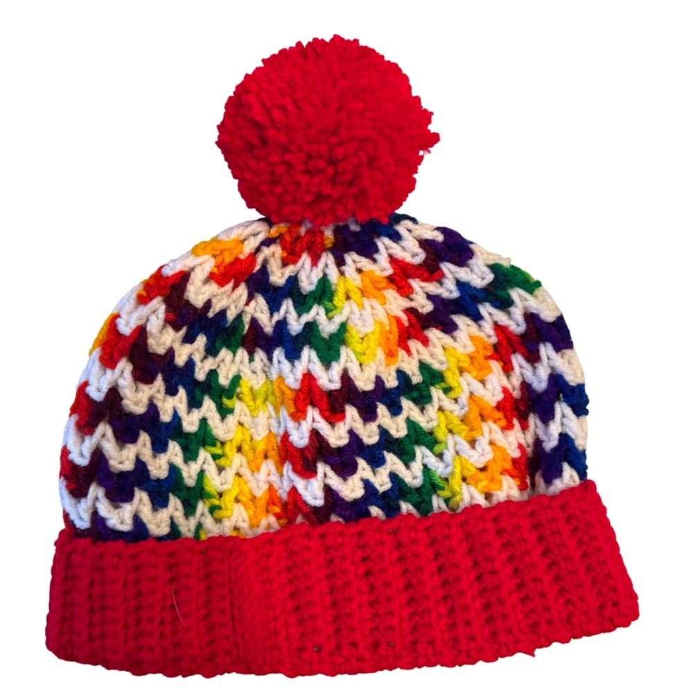 Handmade Rainbow Pom Pom Beanie‎ Crochet Knit Winter Hat - unworn NWOT